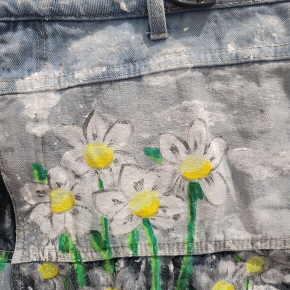 Hand Painted Denim Mini Skirt size 12 Daisy Field patchwork One of a Kind Rare - Picture 9 of 12